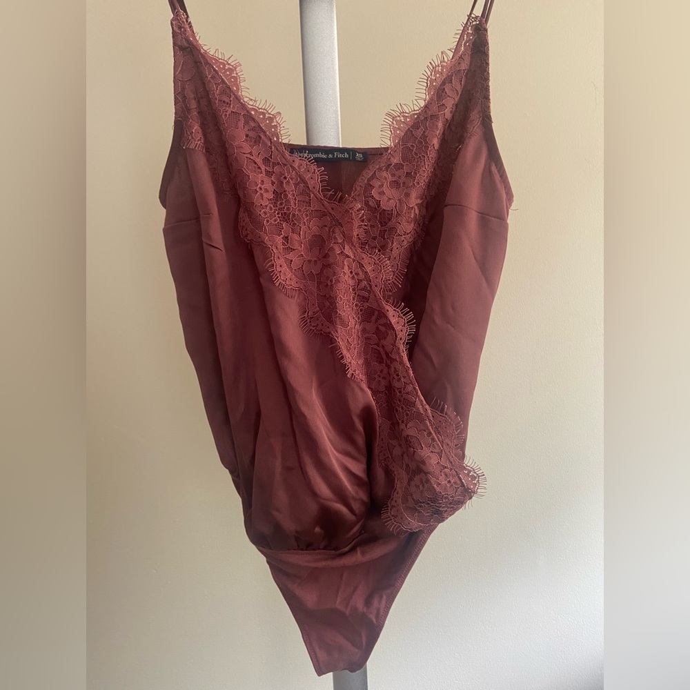 Abercrombie satin lace maroon lingerie style thong body suit size XS